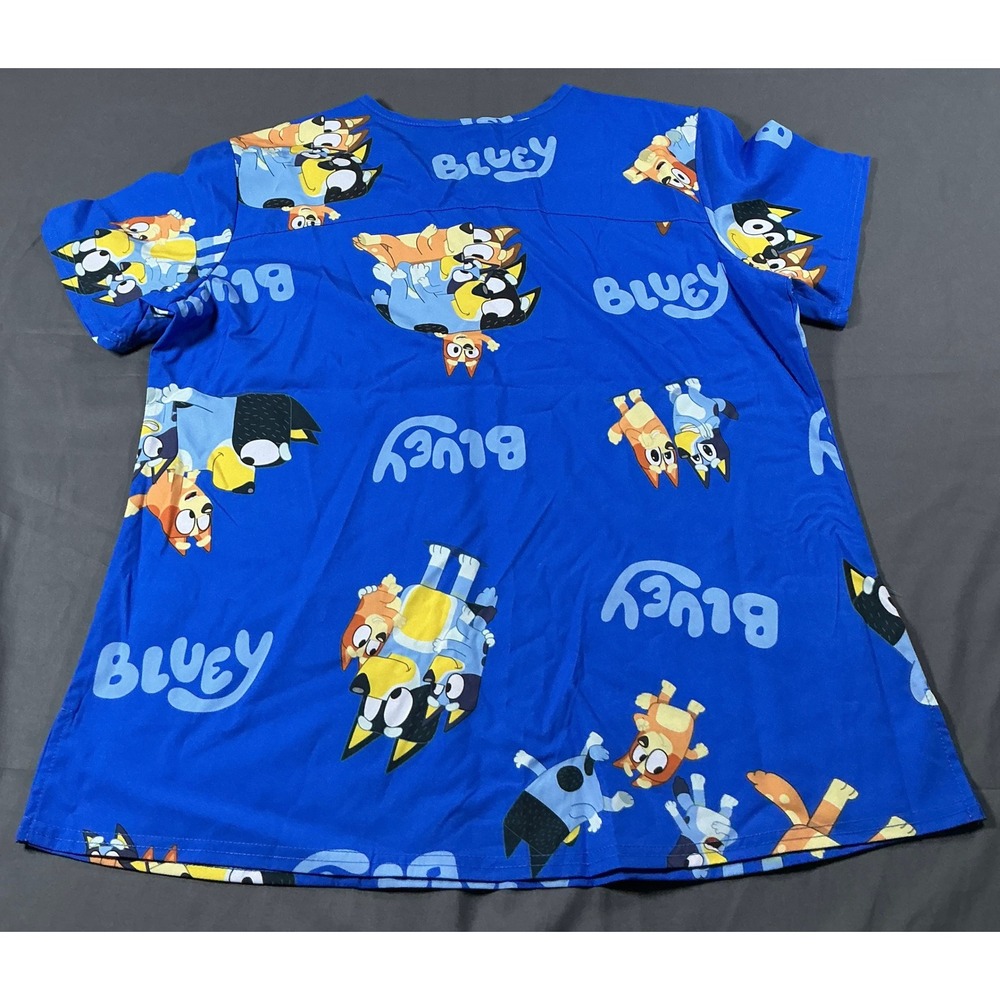 Bluey Character Medical Scrub Top Blue V-Neck Short Sleeve Pockets Size L - Picture 8 of 9
